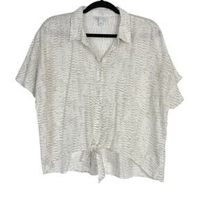 Nine West White Tan Zebra Safari Button Up Tie Front Top Women's Size Large